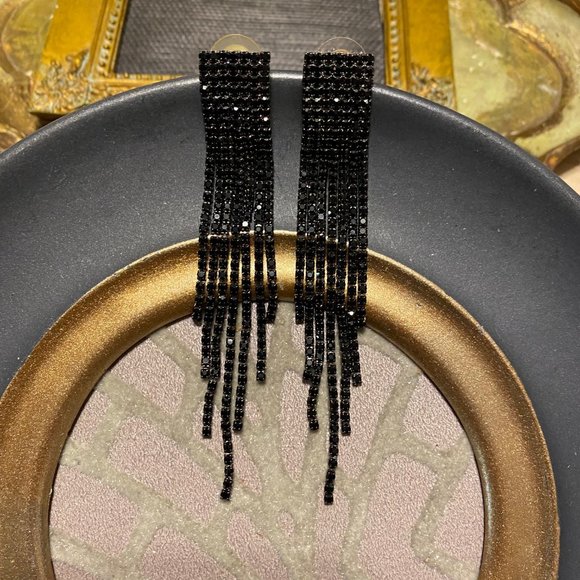 BLACK RHINESTONE CRYSTAL DANGLE 80S 90S - Picture 6 of 13